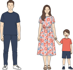 Happy family illustration with father, mother, and child, standing together, holding hands, casual clothes, smiling faces, cartoon vector design