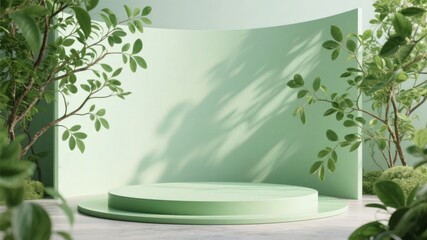 Minimalist green stage with circular platform surrounded by leafy plants and soft shadows