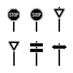 Six vector road signs outline in white, including stop, yield, and directional signage for safety