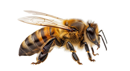 Isolated honey bee specimen with wings, antennae and abdomen in selective focus image