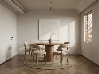 Modern Minimalist Dining Room with Wooden Table and Chairs