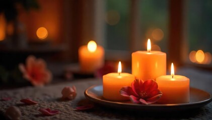 Warm, flickering candlelight illuminates a softly glowing scene, creating a peaceful and romantic ambiance Perfect for relaxation, spa treatments, or cozy evenings , gentle, fire