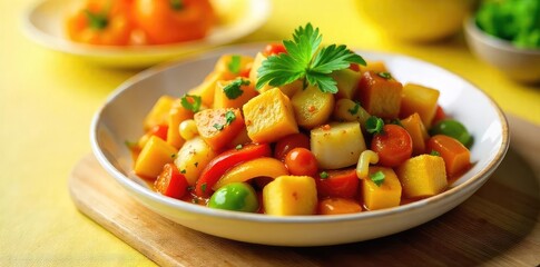 Vibrant yellow vegetarian stir-fry brimming with fresh vegetables, tofu, and a zesty sauce Perfect for a healthy and flavorful meal A delicious and colorful culinary creation , tofu, wholesome