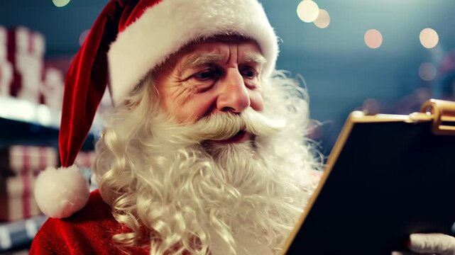 Santa Claus sits in the warehouse of his factory and keeps a record of gifts. Warehouse of gifts of Santa Claus. Accounting and distribution Christmas gifts for all children on the planet.