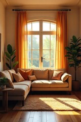 Warm sunlight streams onto a cozy living room, highlighting comfortable furniture and inviting decor, creating a welcoming atmosphere perfect for a homepage welcome , natural light, peaceful, calm