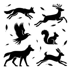 Elegant woodland animal outlines featuring a deer, fox, bird, squirrel, wolf and rabbit