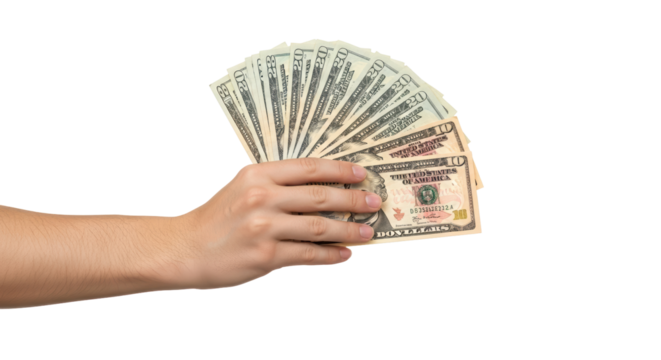 Isolated Hand holding fanned US twenty dollar bills plus ten dollar bills stack payment - Powered by Adobe