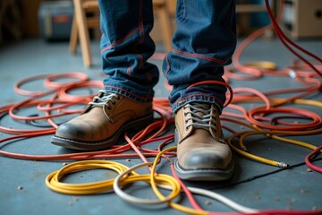 Chaos and Color: Artistic Composition of Wires on Male Electrician's Legs