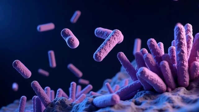 The image shows computer graphics with microbes or bacteria.