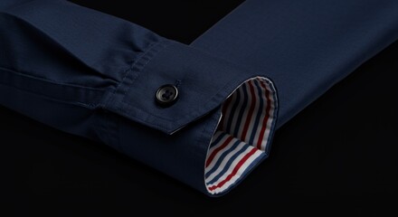 A close-up shot of a stylish navy blue shirt cuff revealing a red, white, and blue striped lining with a black button.