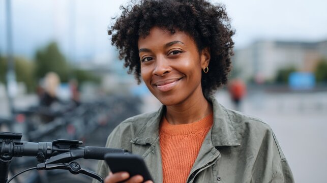 Woman holding phone outdoors.