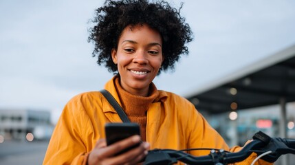Woman using phone outdoors.