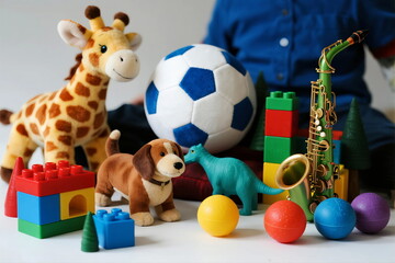 Obraz premium Assorted colorful toys including plush giraffe, soccer ball, and building blocks