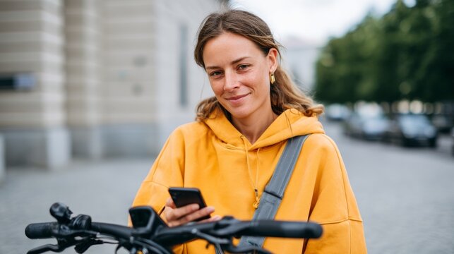 Woman posing with bicycle, smiling at phone.