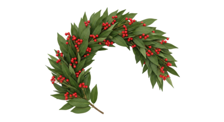 Isolated holiday bay leaf wreath with red berries for seasonal decoration or ornamentation