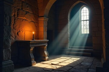 A single candle flickers on an ancient altar, casting long shadows in a dimly lit, empty stone chapel The scene evokes a sense of profound solitude and spiritual yearning , stone, church, searching