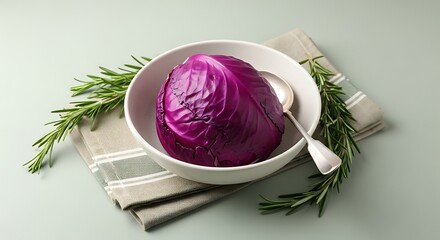 Red Cabbage in White Bowl with Rosemary.