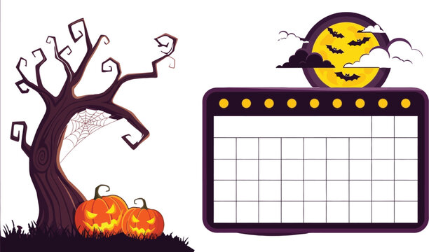 Spooky Halloween calendar with a creepy tree and glowing pumpkins under a full moon