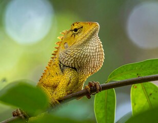 Close-up of a yellow lizard on a branch