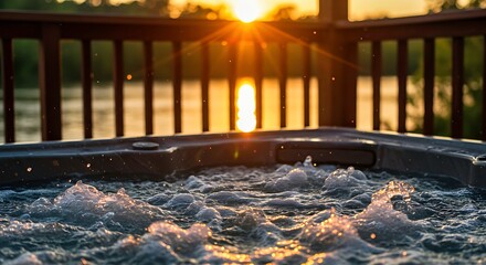 Sunset Hot Tub Relaxation by Lake with Bubbles and Golden Water Splash
