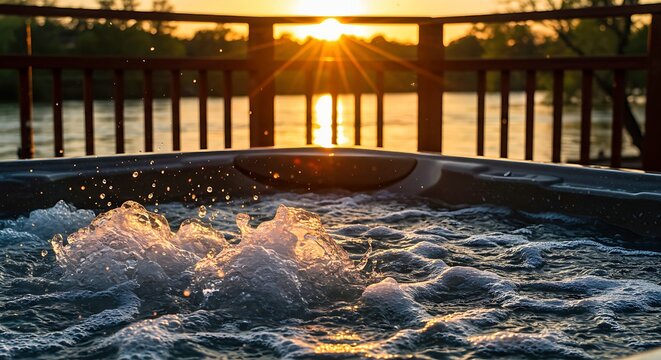 Sunset Hot Tub Relaxation by Lake with Bubbles and Golden Water Splash
