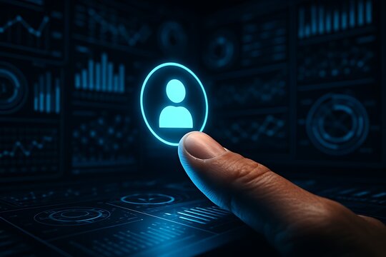 Human hand touching a digital interface with a user icon, representing accessing personal profile, account management, and online identity in the digital world of technology