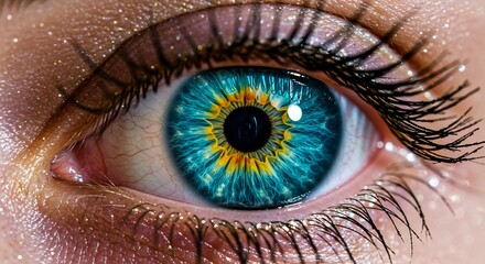 A mesmerizing macro shot of a human eye featuring a vibrant blue and golden iris, enhanced by sparkling glitter on the eyelid.