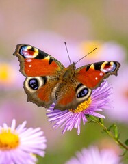 Fototapeta premium Close-up of a beautiful peacock butterfly on a flower