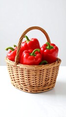 Red peppers in a wicker basket on a white surface