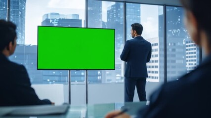 Professional office video with businessman presenting on large green screen display, corporate meeting room with city skyline view - Powered by Adobe
