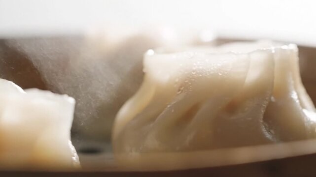 Steaming Dumplings in a Bamboo Steamer Close Up.