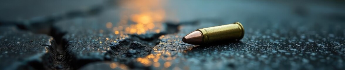 A somber image depicting a single bullet casing lying on a cracked pavement, symbolizing the harsh reality of gun violence in urban areas , justice, emergency