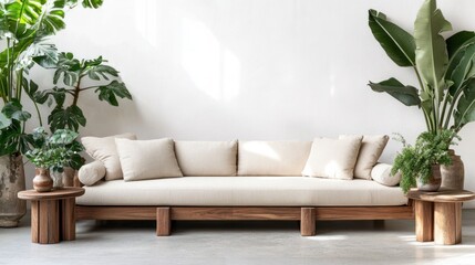 Modern wooden sofa with plants