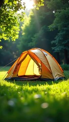 A spacious dome tent pitched in a lush green meadow, sunlight dappling through the fabric  Perfect for outdoor adventures and camping trips ,  nylon,  field,  camping gear