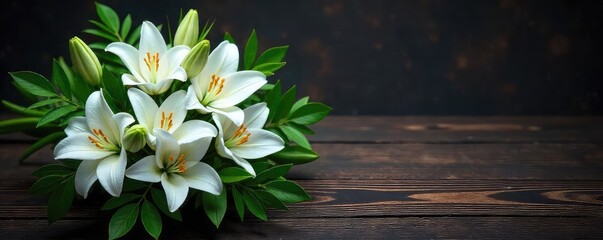 A somber and elegant funeral wreath of white lilies and greenery, resting on a dark, polished wood surface Perfect for sympathy, remembrance, and loss imagery , compassion, afterlife