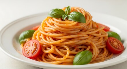 Delicious Spaghetti with Tomato Sauce and Basil.