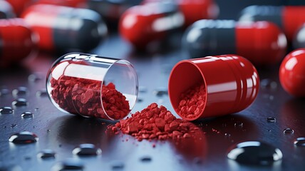 Open red capsule revealing red powder and water droplets