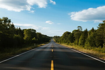 A long straight road surrounded by lush green trees under a clear blue sky