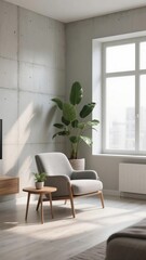 Fototapeta premium Modern minimalist living room with gray armchair, potted plant, and large window letting in natural light