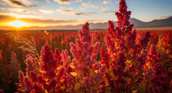 Vibrant quinoa field at sunset, showcasing the vivid red plants against a backdrop of mountains and a colorful sky