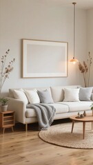 Modern living room with white sofa, wooden furniture, and minimalist decor