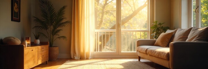 Fototapeta premium Sunbeam Illuminates Cozy Interior Peaceful Home Ambiance, Natural Light, Dust Motes Dancing