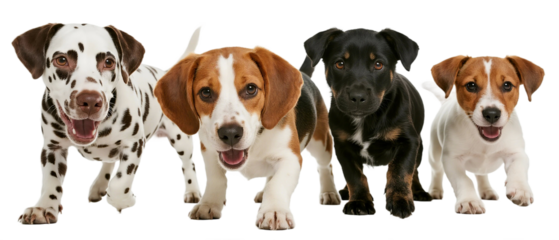 Four different cute dogs showing various expressions and appearances