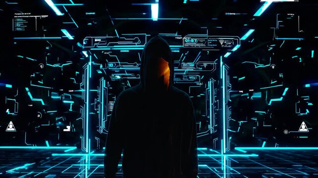 Hacker in hoodie stands in cyber environment with glowing digital interface. Bright ai patterns and code streams illuminate future technology. Hacker, ai, hoodie, man, dark, cyber, digital, future.