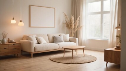 Modern minimalist living room with light wood furniture, neutral tones, and natural light from a large window
