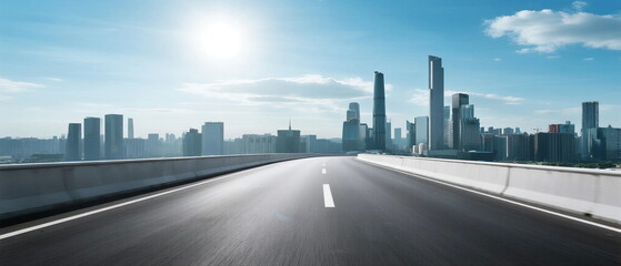 Fototapeta premium Smooth highway leading to modern city skyline under bright sun