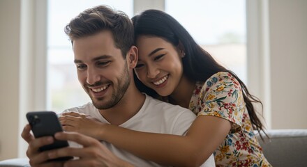 A happy young couple smiles as they share a moment looking at a smartphone together.