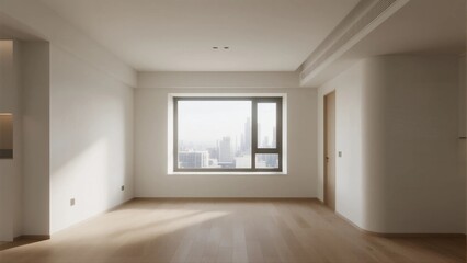 Spacious empty room with large window and wooden floor