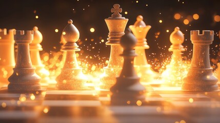 Glowing chess pieces are the focal point of an intense game set in a mystical environment with a blurred background