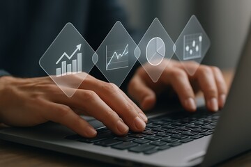 Professional hands typing on a laptop, interacting with a digital interface displaying holographic charts and graphs, visualizing key business analytics, market trends, and strategic financial growth